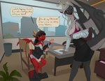 age_regression anthro black_body black_hair black_scales bra breasts chair clean_diaper clothing confusion desk dialogue diaper dragon_wings duo exposed_bra female furniture hair horn inside interview job_interview leaning_on_desk long_ears looking_at_another medium_breasts membrane_(anatomy) membranous_wings necktie office office_clothing office_desk office_setting open_mouth open_smile orange_eyes purse reassuring red_body red_eyes red_scales removing_topwear scales shrinking shrinking_out_of_clothes sitting size_transformation smile standing suit table tail text toddler transformation underwear undressing_self white_body white_hair white_scales window wings young wob mythology dragon mythological_creature mythological_scalie scalie absurd_res english_text hi_res