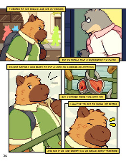 anthro blush brown_body brown_fur clothed clothing eyewear fur glasses male outside overweight overweight_anthro overweight_male smile solo street text topwear conditional_dnp mabit gabe_(mabit) manny_(mabit) capybara caviid common_hippopotamus hippopotamid mammal rodent 2026 comic digital_media_(artwork) english_text hi_res pixel_(artwork)