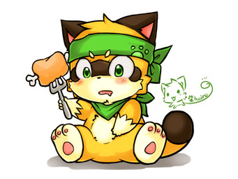 ambiguous_gender anthro cartoon_meat clothing cutlery daww feet food fork green_kerchief green_neckerchief hindpaw kerchief kitchen_utensils meat meat_on_bone neckerchief neckwear paws solo tail tools huiro mammal procyonid raccoon 4:3 low_res