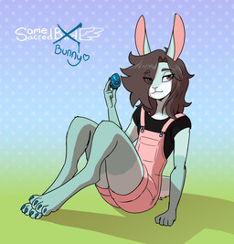 anthro barefoot black_clothing black_shirt black_t-shirt black_topwear brown_eyes brown_hair clothing easter_egg egg eye_through_hair feet femboy fluffy fluffy_hair fur gloves_(marking) green_body green_fur hair hair_over_eye holding_egg holding_object holidays humanoid_hands leg_markings male markings overalls pink_clothing pink_inner_ear pink_nose pink_overalls shirt sitting sitting_on_ground socks_(marking) solo t-shirt topwear translucent translucent_hair white_body white_fur somesacredbird easter somesacredbunny lagomorph leporid mammal rabbit 2025 digital_drawing_(artwork) digital_media_(artwork) english_description hi_res