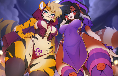5_fingers abdominal_tattoo anthro biped black_hair breasts brown_body brown_fur brown_hair brown_tail claws clothed clothed_anthro clothed_female clothing cloud countershade_torso countershading duo female finger_claws fingers front_view fur hair legwear low-angle_view medium_breasts moon navel night orange_body orange_fur orange_tail outside panties sky small_waist smile standing star tail thick_thighs thigh_highs underwear wide_hips worm's-eye_view amarihel alecza_kolypsov matty_the_pabbit ailurid felid mammal pantherine red_panda tiger absurd_res hi_res