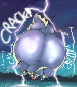 belly big_belly blue_body electricity huge_belly inflation lightning outside smokey_blokey nintendo pokemon eelektross generation_5_pokemon pokemon_(species) 2026 absurd_res hi_res