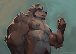 anthro before_eating body_hair chest_tuft duo extreme_size_difference facial_hair goatee ha hand_on_hand happy_trail holding_another intersex intersex/male looking_at_another macro male male/male micro muscular muscular_male on_hand sideburns size_difference solo tuft comfei_puppy canid canine canis domestic_dog mammal hi_res