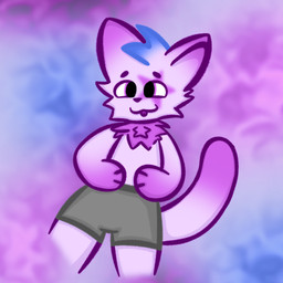 :3 abstract_background anthro biped blep blue_hair bottomwear cat_tail cheek_tuft chest_tuft clothed clothing dipstick_tail eye_markings facial_tuft fluffy fur grey_bottomwear grey_clothing grey_shorts hair highlights_(coloring) lying male markings multicolored_tail neck_tuft nude on_back paws pink_body pink_eyes pink_fur pink_highlights pink_nose pointy_ears prick_ears purple_tail_tip short_hair shorts slim slim_anthro slim_male small_waist smile solo spiky_hair standing star_(marking) tail tail_markings tongue tongue_out toony toony_eyes topless tuft jaykitty jay_(jaykitty) domestic_cat felid feline felis mammal 1:1 2025 absurd_res digital_drawing_(artwork) digital_media_(artwork) hi_res portrait purple_theme shaded three-quarter_portrait
