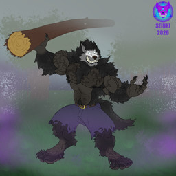 anthro barefoot belt big_muscles black_body black_fur black_nose bottomwear claws clothing digitigrade feet fur grin log male muscular muscular_male nipples one_handed_carry pants plant smile solo teeth torn_clothing tree vein veiny_biceps veiny_muscles veiny_pecs wood seinki mythology slashin canid canine mammal mythological_canine mythological_creature werecanid werecanine werecreature werewolf 1:1 absurd_res hi_res