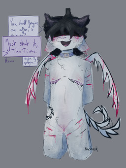 alternate_species andromorph anthro blindfold blood blood_from_wound bodily_fluids collar collar_only dialogue ear_piercing ear_ring exaggerated_mastectomy_scar fur furrification genitals grey_body grey_fur intersex mastectomy_scar nude piercing presenting ring_piercing roblox_spawn_symbol scar self-harm self-harm_scars solo sweat tail tail_motion tailwag tattoo text vulva wings wounded noxshark forsaken_(roblox) roblox two_time_(forsaken) bovid caprine goat mammal 3:4 english_text hi_res nonbinary_(lore)