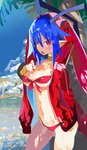 annoyed blue_hair blush breasts butt choker clothed clothing day female hair humanoid_pointy_ears jacket jewelry looking_at_viewer necklace not_furry open_mouth outside palm_tree plant pointy_ears solo swimwear topwear tree miyakawa106 disgaea nippon_ichi_software laharl demon humanoid absurd_res hi_res