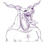 bodily_fluids bone clothing drooling fangs headgear headwear horn looking_at_viewer male nipples open_mouth pecs saliva saliva_on_tongue saliva_string skull skull_head solo teeth marcushunter the_ancient_magus_bride elias_ainsworth demon humanoid monster 2023 half-length_portrait portrait