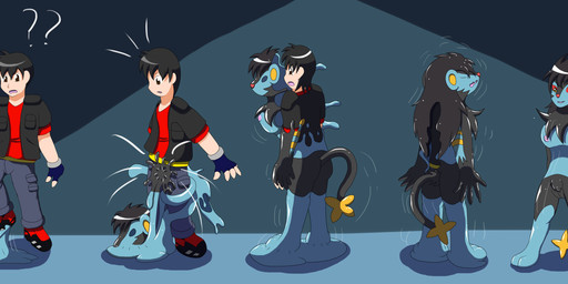 anthro areola biped black_body black_fur blue_body blue_fur bottomwear breasts clothed clothing female female_anthro footwear fully_clothed fur gender_transformation genitals glistening glistening_body goo_suit goo_transformation hair human_to_anthro mtf_transformation nipples nude open_mouth pants pokemorph red_sclera shirt shoes simple_background smile solo species_transformation standing suit_transformation tail topwear transformation transformation_sequence vest vulva yellow_eyes yellow_inner_ear wolferion nintendo pokemon john_(swack16) kirara_(swack16) generation_4_pokemon luxray pokemon_(species) 2015 absurd_res colored hi_res