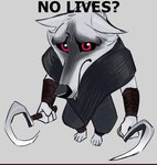 anthro armband armwear barefoot black_nose black_sclera bottomwear chibi cloak clothing dual_holding dual_wielding ears_down facial_markings feet fluffy frown fur grey_background grey_body grey_fur head_markings holding_object holding_weapon humor male markings mask_(marking) pants parody pivoted_ears poncho pupils red_eyes sad sickle simple_background solo text weapon white_body white_fur white_pupils toicobis dreamworks megamind_(series) no_bitches? puss_in_boots_(dreamworks) death_(puss_in_boots) canid canine canis mammal wolf english_text meme redraw