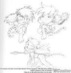 anthro chibi clothed clothing durag female flail group hair headgear headwear long_hair melee_weapon polearm skimpy spear text trio weapon leo_saunders draconia_chronicles kess_(draconia_chronicles) riah shie felid feline mammal pantherine tiger 2005 english_text monochrome signature sketch watermark