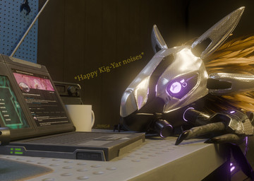 3_fingers anthro armor claws computer container cup electronics eyes_closed face_covered feather_hair feathered_crest feathers female finger_claws fingers gas_mask glowing glowing_eyes head_crest laptop mask mug pegboard pink_eyes pseudo_hair radio smiling_eyes solo text yellow_body yellow_feathers synca pickle_juice_(modeler) halo_(series) microsoft twitter x_(social_media) xbox_game_studios syn_cah alien avian human kig-yar mammal scalie t'vaoan 3d_(artwork) digital_media_(artwork) english_text hi_res icon