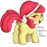 animal_genitalia animal_pussy anus bodily_fluids butt christmas_clothing christmas_headwear clothing female feral genitals hat headgear headwear holidays mistletoe plant pussy raised_tail santa_hat simple_background smile standing sweat tail text young young_female crade christmas friendship_is_magic hasbro my_little_pony apple_bloom_(mlp) equid equine horse mammal pony 1:1 2024 absurd_res english_text hi_res