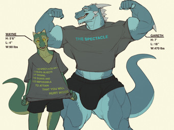 5_fingers anthro arm_spikes big_bulge big_muscles biped black_bottomwear black_clothing black_shorts blue_body blue_scales bottomwear bulge character_bio claws clothed clothed_anthro clothed_male clothing clothing_pull confusion duo elbow_spikes eyes_closed facial_spikes finger_claws fingers flexing flexing_bicep flexing_both_biceps green_body green_eyes green_scales grey_clothing grey_shirt grey_topwear grin happy head_spikes horn huge_muscles humanoid_hands imperial_unit larger_anthro larger_male male male_anthro measurements muscle_size_difference muscular muscular_anthro muscular_male muscular_thighs number scales sharp_teeth shirt shirt_pull shorts simple_background size_difference skinny_anthro skinny_male smaller_anthro smaller_male smile spikes spikes_(anatomy) stated_height stated_weight tail teeth text text_on_clothing topwear topwear_pull yellow_sclera oldshep european_mythology mythology gareth_(oldshep) wayne_(oldshep) dragon mythological_creature mythological_scalie scalie western_dragon wingless_dragon 2024 character_name english_text hi_res brother_(lore) brothers_(lore) sibling_(lore)