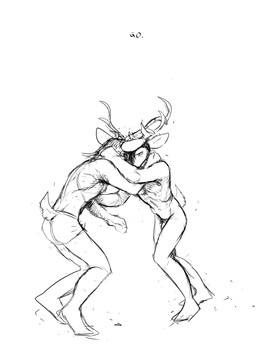 anthro antlers boxer_briefs clothed clothed/nude clothing dialogue fight horn locking_antlers locking_horns nude text underwear hladilnik deer_admiral_(hladilnik) marylin_(hladilnik) deer mammal 2025 black_and_white english_text hi_res monochrome sketch