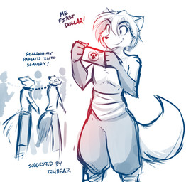 adolescent ambiguous_gender anthro chain clothed clothing collar dialogue gloves_(marking) group holding_money holding_object humor male markings money partially_clothed simple_background slave smile smirk solo_focus text topless white_background young young_anthro conditional_dnp tom_fischbach twokinds clovis_(twokinds) canid canine canis fox hybrid keidran mammal wolf 2018 adobe_photoshop_(artwork) digital_media_(artwork) english_text monochrome sketch