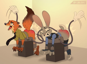 anthro bdsm bite biting_lip bodily_fluids bondage bottomwear bottomwear_down bound brown_body brown_fur butt butt_slap clothed clothing dipstick_ears dipstick_tail duo ear_markings female fur grey_body grey_fur male markings multicolored_ears necktie orange_body orange_fur pain pants pants_down partially_clothed punishment questionable_consent reddened_butt restrained restrained_legs restraints shirt slap spank_marks spanked_butt spanking spanking_machine strapped tail tail_markings tears topwear torture loulouvz disney zootopia judy_hopps nick_wilde canid canine european_rabbit fox lagomorph leporid mammal oryctolagus rabbit red_fox true_fox digital_media_(artwork) hi_res