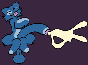 anthro balls big_balls big_breasts big_penis blue_body blue_fur bodily_fluids breasts cum ejaculation eyes_closed featureless_breasts foreskin fur genital_fluids genitals gynomorph hands_behind_back intersex penis retracted_foreskin solo tongue tongue_out trashgal domestic_cat felid feline felis mammal flat_colors hi_res