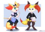 butler clothing female green_eyes maid_uniform male purple_eyes simple_background solo standing uniform coffeefly nintendo pokemon cafe_(coffeefly) fan_character braixen generation_6_pokemon pokemon_(species) hi_res multiple_images