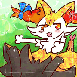 accessory ambiguous_anthro ambiguous_gender anthro biped blush bow_ribbon cute_fangs digitigrade fangs food front_view hair_accessory hair_bow hair_ribbon looking_at_viewer object_in_tail open_:3 open_mouth open_smile ribbons shrimp_(food) sitting smile snout solo tail teeth annyui0611 nintendo pokemon braixen canid generation_6_pokemon mammal pokemon_(species) 1:1 2022 digital_drawing_(artwork) digital_media_(artwork) hi_res japanese_description translated_description