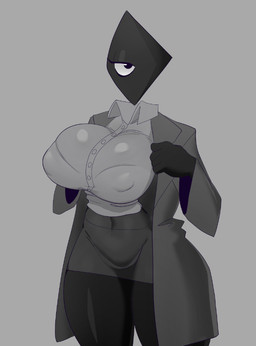 1_eye 5_fingers bedroom_eyes big_breasts black_body black_eyelids black_eyes black_skin bottomwear bra_outline breasts button_(fastener) clothed clothed_female clothed_humanoid clothing eyelashes female female_humanoid fingers floating_head fully_clothed fully_clothed_female fully_clothed_humanoid glistening_eyelids glistening_thighs grey_background grey_bottomwear grey_clothing grey_jacket grey_skirt grey_topwear huge_breasts jacket looking_at_viewer mouthless narrowed_eyes navel_outline nipple_outline not_furry presenting presenting_breasts seductive simple_background skirt solo standing thick_thighs topwear white_sclera wide_hipped_female wide_hipped_humanoid wide_hips sqwunx prisma_(fr0gv0re) humanoid shape_head 2024 digital_media_(artwork)