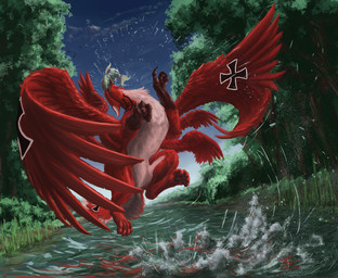 cross duo feral forest iron_cross male plant sky solo_focus tree water apelairplane mythology fan_character aquatic avian fish gryphon mythological_avian mythological_creature hi_res