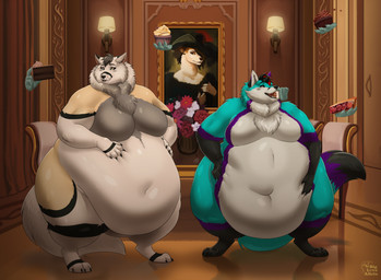 ambiguous_gender anthro belly big_belly blue_body bodily_fluids brown_body cake cheek_tuft chest_tuft claws cupcake dessert detailed_background digitigrade duo ear_tuft eating eating_food eyes_closed facial_tuft flower food fur furniture hair hand_on_belly huge_belly inside male moobs morbidly_obese morbidly_obese_ambiguous multicolored_body multicolored_fur neck_tuft obese obese_ambiguous open_mouth overweight overweight_ambiguous overweight_male plant reflection rose_(flower) saliva smile sofa stuffing thick_arms thick_thighs tuft biglovealicia canid canine fox mammal 2023 digital_media_(artwork) hi_res