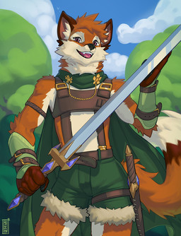 anthro bottomwear cape cheek_tuft clothed clothing countershade_face countershade_torso countershading dipstick_tail facial_tuft fur green_bottomwear green_cape green_clothing green_shorts holding_melee_weapon holding_object holding_sword holding_weapon inner_ear_fluff looking_at_viewer male markings melee_weapon open_mouth open_smile orange_body orange_fur shorts smile smiling_at_viewer solo sword tail tail_markings tuft weapon sinsquared river_(fursecute) canid canine fox mammal 2022 digital_media_(artwork) hi_res shaded