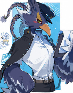 anthro beak belt blue_body blue_feathers braided_hair chibi clothing feathers green_eyes hair hat headgear headwear male school_uniform uniform yellow_beak luminous_slime breath_of_the_wild nintendo the_legend_of_zelda link revali teba_(tloz) avian bird rito hi_res