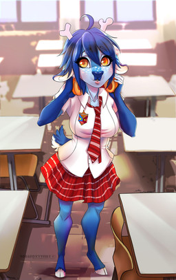 5_fingers anthro antlers biped blue_body blue_fur blue_hair blue_nose blue_tail bottomwear breasts chair classroom clothed clothing collarbone desk eyelashes female fingers fluffy fluffy_tail freckles fully_clothed fur furniture hair hooves horn inside looking_at_viewer multicolored_bottomwear multicolored_clothing multicolored_skirt necktie orange_eyes pattern_bottomwear pattern_clothing pattern_necktie pattern_skirt red_bottomwear red_clothing red_necktie red_skirt school school_uniform skirt solo standing striped_bottomwear striped_clothing striped_necktie striped_skirt stripes student table tail two_tone_bottomwear two_tone_clothing two_tone_skirt two_tone_tail uniform white_bottomwear white_clothing white_skirt white_tail window young sorafoxyteils deer mammal hi_res
