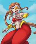 bandeau beak breasts brown_hair clothing cloud cosplay crossover_cosplay day ear_piercing ear_ring female hair humanoid_pointy_ears light_body light_skin long_hair midriff open_mouth piercing pointy_ears ponytail ring_piercing simple_background small_breasts solo topwear triggerpigart nintendo shantae_(series) the_legend_of_zelda wayforward wind_waker medli shantae animal_humanoid avian avian_humanoid humanoid rito rito_humanoid 2023 crossover hi_res signature