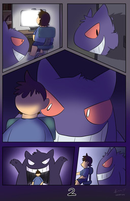 anthro bottomwear chair clothing computer detailed_background duo electronics furniture inside kemono male night purple_body shirt shorts sitting topwear nakadashimashta nintendo pokemon generation_1_pokemon gengar human mammal pokemon_(species) 2019 comic
