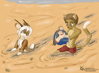 anthro backpack blue_eyes bottomwear brown_eyes chest_tuft clothed clothing collarbone duo eyebrows fur hair horn inner_ear_fluff male mud navel shirt short_hair shorts topless topwear tuft railride antelope bovid domestic_cat felid feline felis mammal 2025