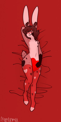 anthro bite biting_lip blush clothing femboy holidays legwear looking_at_viewer male multicolored_body red_clothing red_legwear red_thigh_highs simple_background solo thigh_highs 0rionbutsus valentine's_day lagomorph leporid mammal rabbit absurd_res full-length_portrait hi_res portrait signature