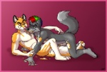 anthro blue_eyes cuddling duo ear_piercing green_eyes licking liquid lying male male/male mohawk paint piercing smile tail tongue tongue_out transformation wet spookaboo twitchdawoof canid canine canis fox mammal wolf