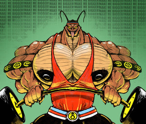 anthro barbell big_muscles brown_body clothing exercise huge_muscles male muscular muscular_male shirt solo tan_body tank_top tongue tongue_out topwear weightlifting workout yellow_eyes bigsmoulder men_in_black edgar_the_bug alien arthropod blattodean cockroach insect hi_res