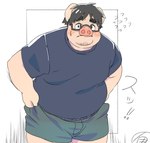 anthro blush bottomwear clothing eyewear glasses kemono male overweight overweight_male shirt shorts simple_background solo topwear inunoshippo domestic_pig mammal suid suine sus_(pig) 2024