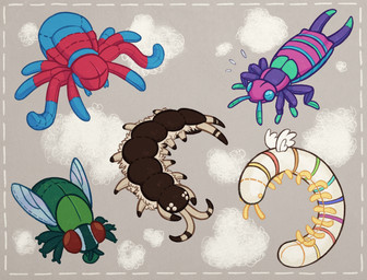 6_eyes ambiguous_gender antennae_(anatomy) blue_body blue_eyes bodily_fluids brown_body eyeless feathered_wings feathers feral flying_sweatdrops green_body grey_background group insect_wings mandibles multi_eye multi_limb pink_body plushie red_body red_eyes segmented_body simple_background sweat sweatdrop tail white_body white_eyes white_wings wings yellow_eyes cuttledreams animate_inanimate arachnid arthropod centipede earwig fly_(animal) hooded_tickspider housefly insect living_plushie millipede myriapod concept_art digital_drawing_(artwork) digital_media_(artwork) hi_res