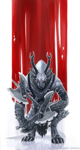 abstract_background ambiguous_gender armor axe claws crouching fangs horn melee_weapon multi_ear red_eyes simple_background solo teeth toe_claws weapon skepsisfox guild_wars charr felid mammal 2013