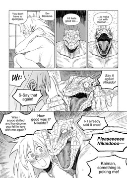 after_sex anthro big_breasts blush breasts dialogue duo eyebrows female female_human fingers hair human_on_anthro interspecies leg_grab long_hair male male/female nude sharp_teeth speech_bubble spread_legs spreading teeth text thigh_grab tongue tongue_out francis_xie dorohedoro kaiman_(dorohedoro) nikaido_(dorohedoro) human lizard mammal reptile scalie comic english_text hi_res monochrome