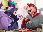 anthro chopsticks claws clothed clothing collar duo eyes_closed food forked_tongue male membrane_(anatomy) open_mouth open_smile smile sushi teeth tongue webbed_hands twistedhound bat mammal mustelid otter