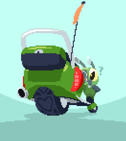 ambiguous_gender antennae_(anatomy) blue_background exhaust_pipe flag flag_(object) green_body headlight_eyes heart_symbol looking_at_viewer looking_back looking_back_at_viewer low-angle_view machine metallic_body moped question_mark simple_background solo tire vehicle giik emmie_(giik) arthropod insect living_machine living_vehicle mantis 2025 digital_drawing_(artwork) digital_media_(artwork) pixel_(artwork) nonbinary_(lore)