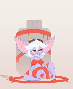 amber_eyes big_ears breasts female genitals hair huge_ears nipples nude pink_body shortstack sitting solo spread_legs spreading thick_thighs vulva white_hair wide_hips goatsworth league_of_legends riot_games tencent tristana_(lol) humanoid yordle hi_res