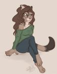 5_fingers anthro bare_shoulders barefoot biped breasts brown_hair clothed clothing eyebrows eyelashes feet female fingers fully_clothed green_eyes hair long_hair off_shoulder sitting smile solo whiskers wolfpsalm shena_parks domestic_cat felid feline felis mammal tabby_cat 2017 absurd_res digital_media_(artwork) hi_res sketch