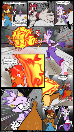 4_toes anthro barefoot bottomwear bow_tie bruised bruised_face butt clothing countershade_feet countershading crowd dialogue elemental_manipulation feet female fighting_ring fire fire_manipulation footwear forehead_gem gem gloves group hair handwear leotard male motion_lines navel pants pawpads paws pink_pawpads plantigrade punch red_hair shirt shoes sneakers soles speech_bubble stadium standing star_symbol sweatpants tank_top text toes topwear trio walking yelling justtaylor sega sonic_the_hedgehog_(series) the_murder_of_sonic_the_hedgehog barry_(sonic) blaze_the_cat miles_prower sally_acorn chipmunk domestic_cat felid feline felis ground_squirrel macropod mammal marsupial quokka rodent sciurid absurd_res comic english_text hi_res