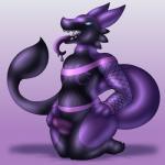 anthro biped blue_eyes bodily_fluids bottomless clothed clothing collar fishnet_clothing genitals inflatable kneeling latex long_tongue looking_up male penis purple_background saliva simple_background solo tail tongue tongue_out posexe lootz animate_inanimate living_inflatable sergal 1:1 absurd_res hi_res