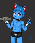 anthro black_bow_tie black_clothing black_nose black_underwear blue_body blue_fur blue_hair bow_tie bulge clothing coin collar condom cuff_(restraint) ear_tuft eyebrows fur grey_background hair holding_condom holding_object holding_tray looking_at_viewer male money navel nipples pink_nipples red_eyes red_inner_ear restraints sexual_barrier_device short_hair simple_background smile solo tuft underwear waiter waiter_tray white_collar wrist_cuffs young crispyfox kanashi_kureiji canid canine fox mammal 2024 5:6 absurd_res digital_media_(artwork) hi_res portrait signature