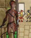 anthro armor arrows balls belt belt_only bottomless bow_(weapon) bracers breastplate clothed clothing faulds footwear footwear_only fur genitals greaves hiding humanoid_genitalia humanoid_penis male melee_weapon mostly_nude nude orange_eyes pauldron penis polearm quiver_(object) ranged_weapon red_body red_fur red_nose spear sword weapon wristwear wristwear_only fyreblazes microsoft the_elder_scrolls jbashaar canid canine canis felid feline humanoid khajiit lizard mammal reptile scalie wolf 4:5 hi_res