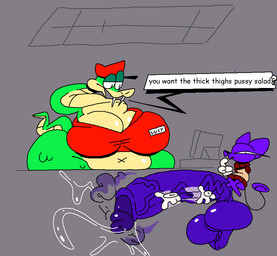 4_fingers anthro armless balls big_balls big_breasts big_butt big_penis black_eyes bodily_fluids bottomless bottomless_anthro bottomless_female bottomless_male breasts butt clothed clothing dripping duo erection fangs female fingers floating_hands flying fur genital_fluids genital_raphe genitals glans green_body green_skin grey_background hat headgear headwear huge_balls huge_breasts huge_penis humanoid_genitalia humanoid_penis hyper hyper_balls hyper_genitalia hyper_penis leaking_precum male male/female masturbation motion_blur motion_lines narrowed_eyes navel nude open_mouth penile penile_masturbation penis precum precum_drip precum_string purple_balls purple_body purple_glans purple_penis purple_skin raphe_(anatomy) scrotal_raphe scrotum_flap simple_background small_but_hung smile speech_bubble tail teeth text thick_thighs thinking topwear x_navel superiorfox bob_(superiorfox) lucy_swallows alien domestic_cat felid feline felis mammal reptile scalie snake 2026 colored digital_drawing_(artwork) digital_media_(artwork) english_text flat_colors