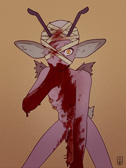1_eye animal_ears animal_genitalia animal_penis antennae_(anatomy) bandage bandage_on_face bite blood blood_from_mouth blood_in_mouth blood_on_face blood_on_hand bodily_fluids equine_genitalia equine_penis finger_bite finger_in_mouth finger_to_mouth fur genital_piercing genitals gore grey_body grey_fur hair insect_wings male multi_nipple nipple_piercing nipples not_furry notched_wings penis penis_piercing piercing purple_body purple_skin scar scut_tail self_bite short_tail simple_background solo tail white_body white_fur white_hair wings yellow_background yellow_eyes 1183 fairy humanoid hi_res